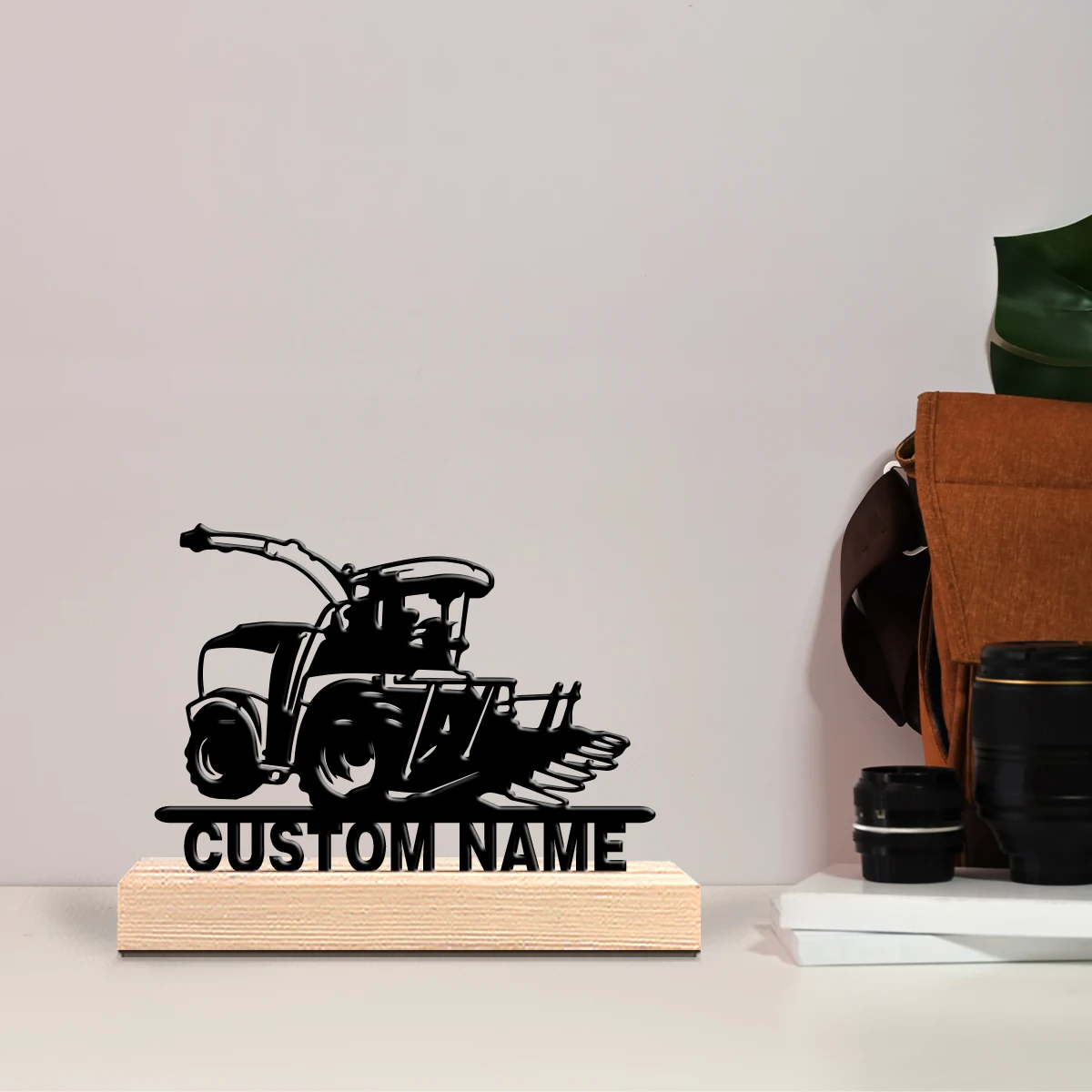 1pc Fashion bulldozer Custom Text Tin Statue Metal Ornament Iron Sculpture With Wood Base Handicraft With Wood Base Office Desk