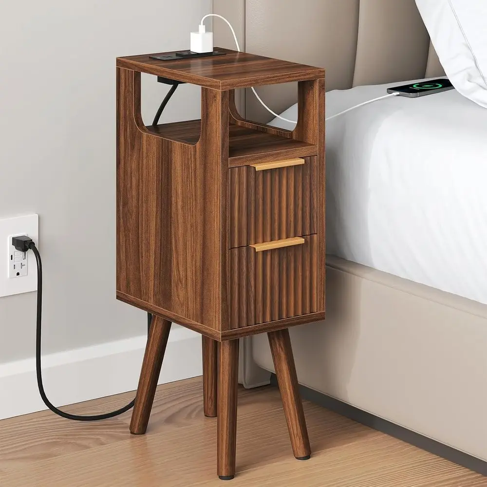

Set of 2 Narrow Nightstands with Charging Station, 24.4 High, 2 Drawers, Solid Wood, Open Storage, Ideal for Small Spaces, Bedro
