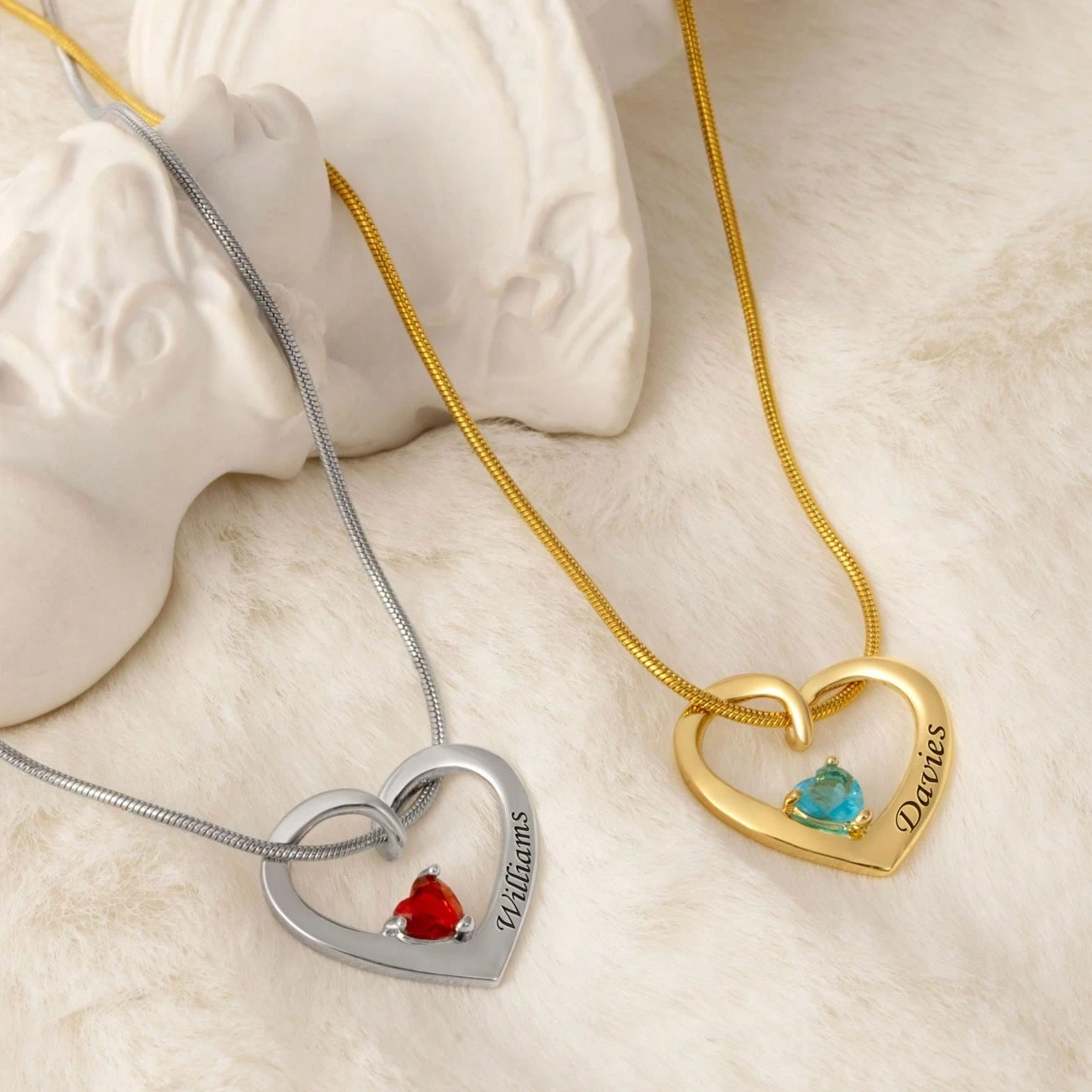 Personalized Name Heart Pointed Pendant with Birthstone, Silver Necklace, Stainless Steel Snake Necklace for Ladies Mother
