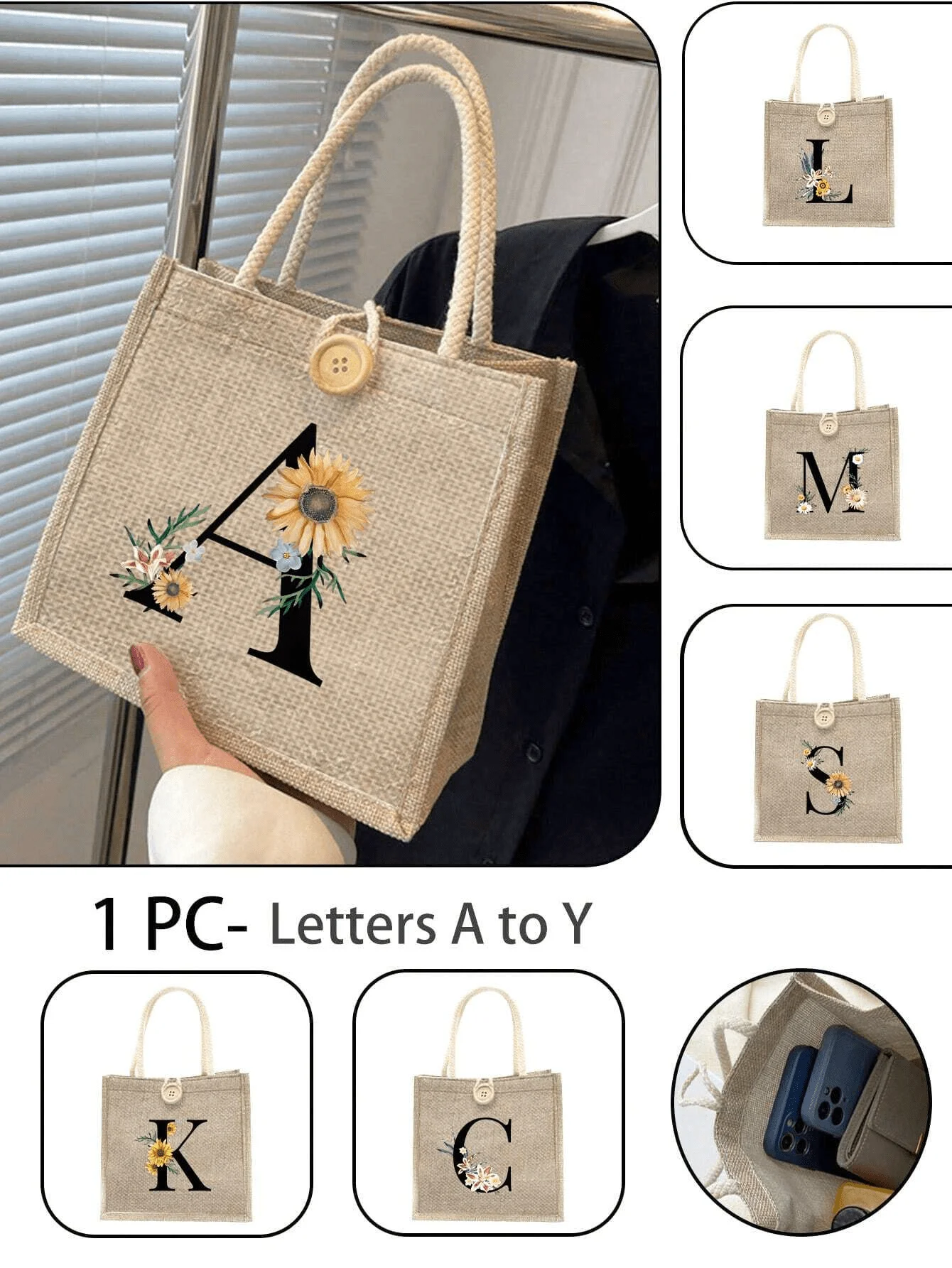 

Сумка-тоут из джута с цветочной вышивкой, веревочными ручками и декоративной застежкой-пуговицей