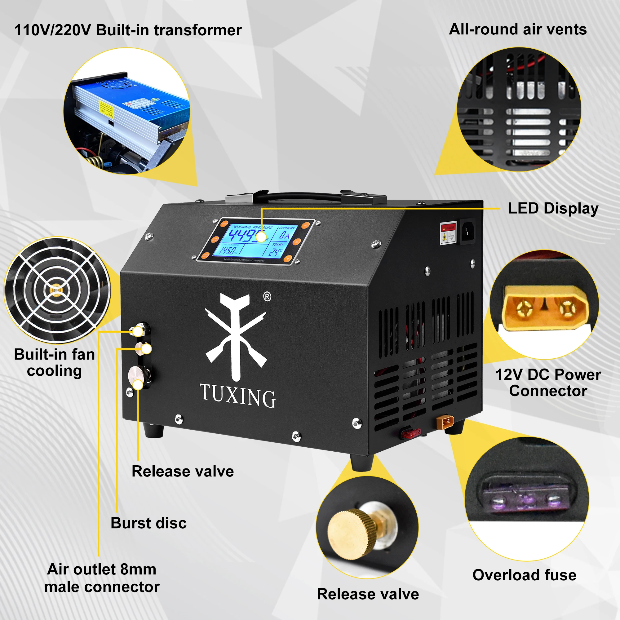 TUXING TXET063 4500Psi 300Bar 12V PCP compresseur d'air affichage LCD arrêt automatique numérique avec 12V puissance PCP réservoir de plongée fusil pistolet à air