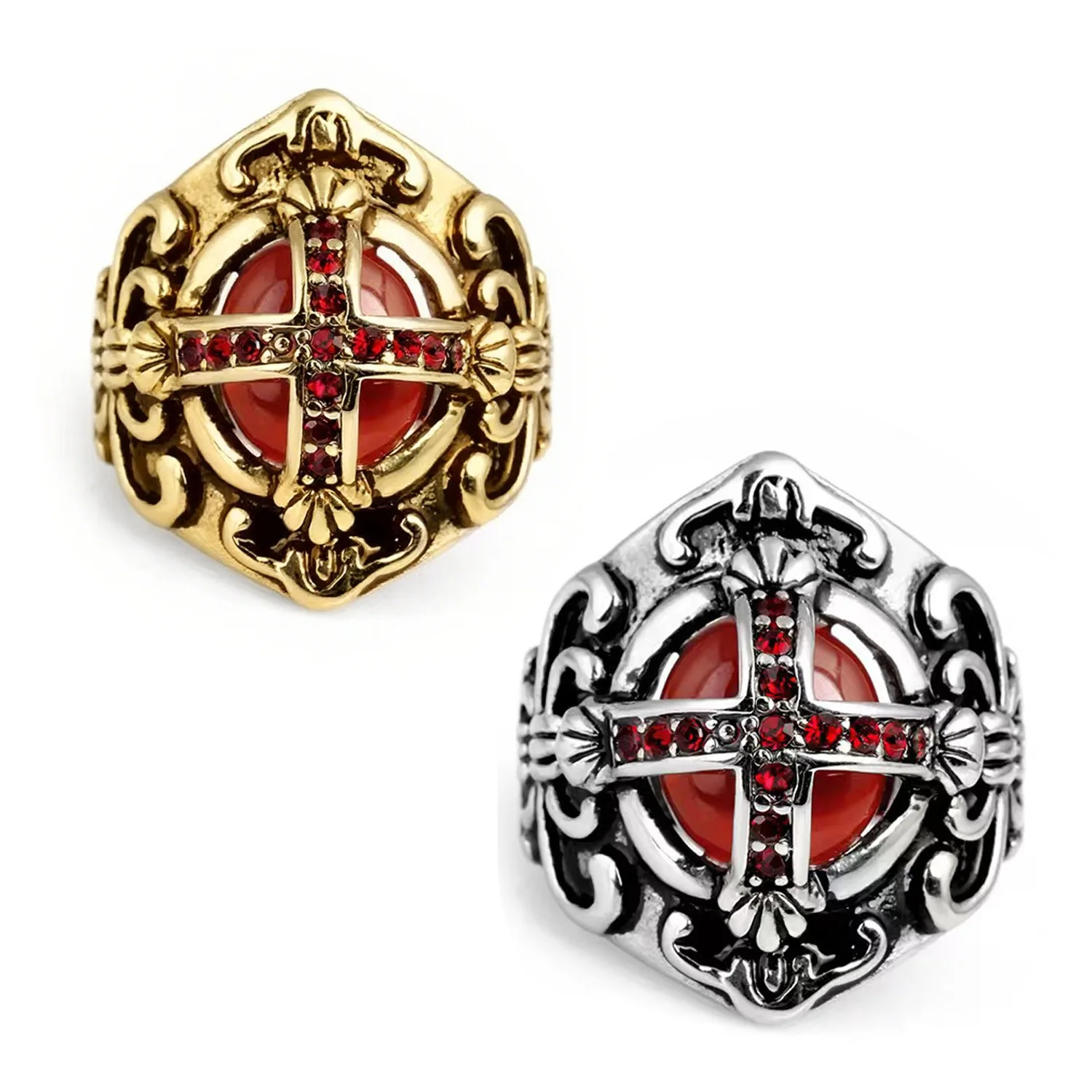 New Gemstone Ring Gothic Ruby ​​cross Diamond Men's Stainless Steel Ring Vampire Retro Trend Personality Ring