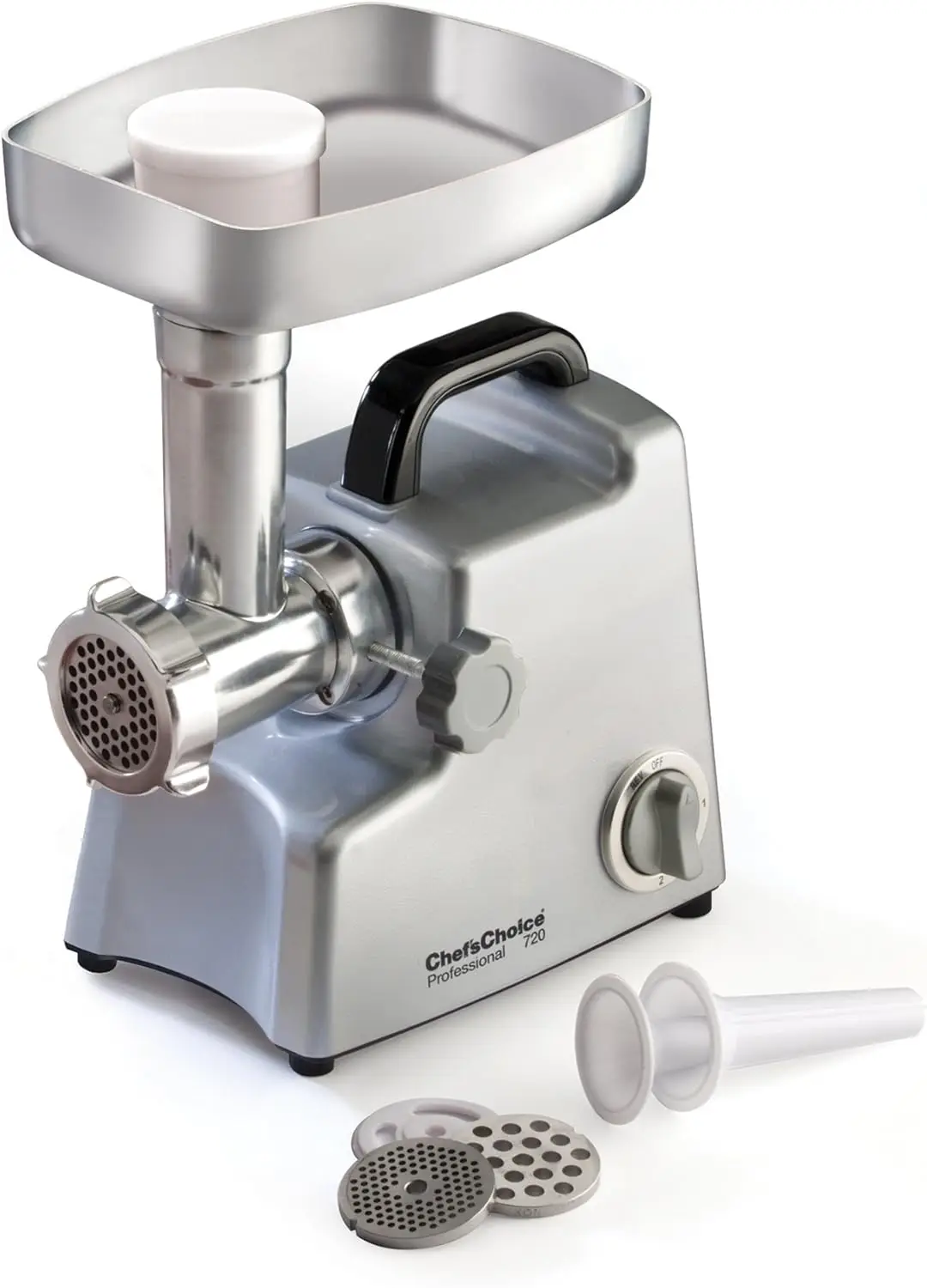 Choice 720 Professional  Meat Grinder with Three-Way Control Switch Stuffing & Reverse, 3 Grinding Plates, Silv