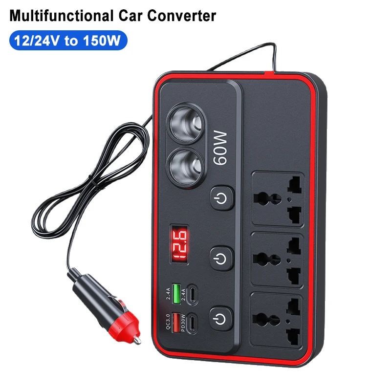 

Автомобильный инвертор 150 Вт, преобразователь 12В/24В в 220В, многофункциональная зарядная розетка PD Type-C, быстрое зарядное устройство, преобразователь питания