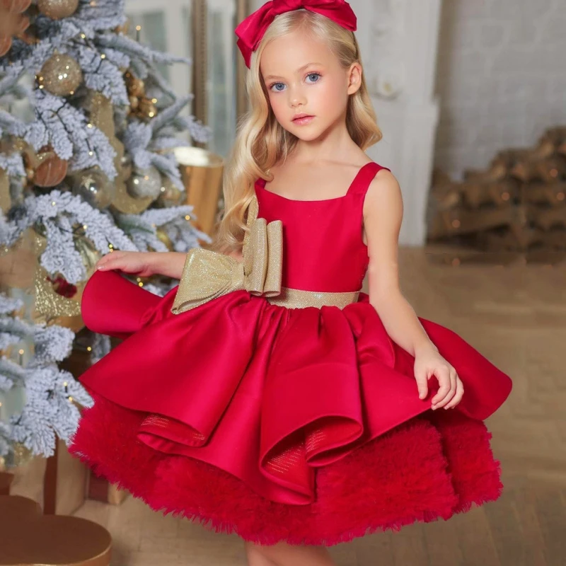 Red Flower Girl Dresses Satin Square Neck Sleeveless Big Gold Sleeveless For Wedding Birthday Party Banquet Princess Gowns