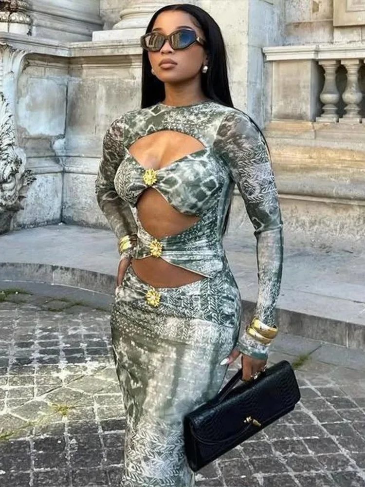 Leosoxs-vestido Sexy con estampado colorido para mujer, hebilla de Metal hueca, manga larga, tendencia de otoño, ropa de calle de noche, ceñido largo elástico