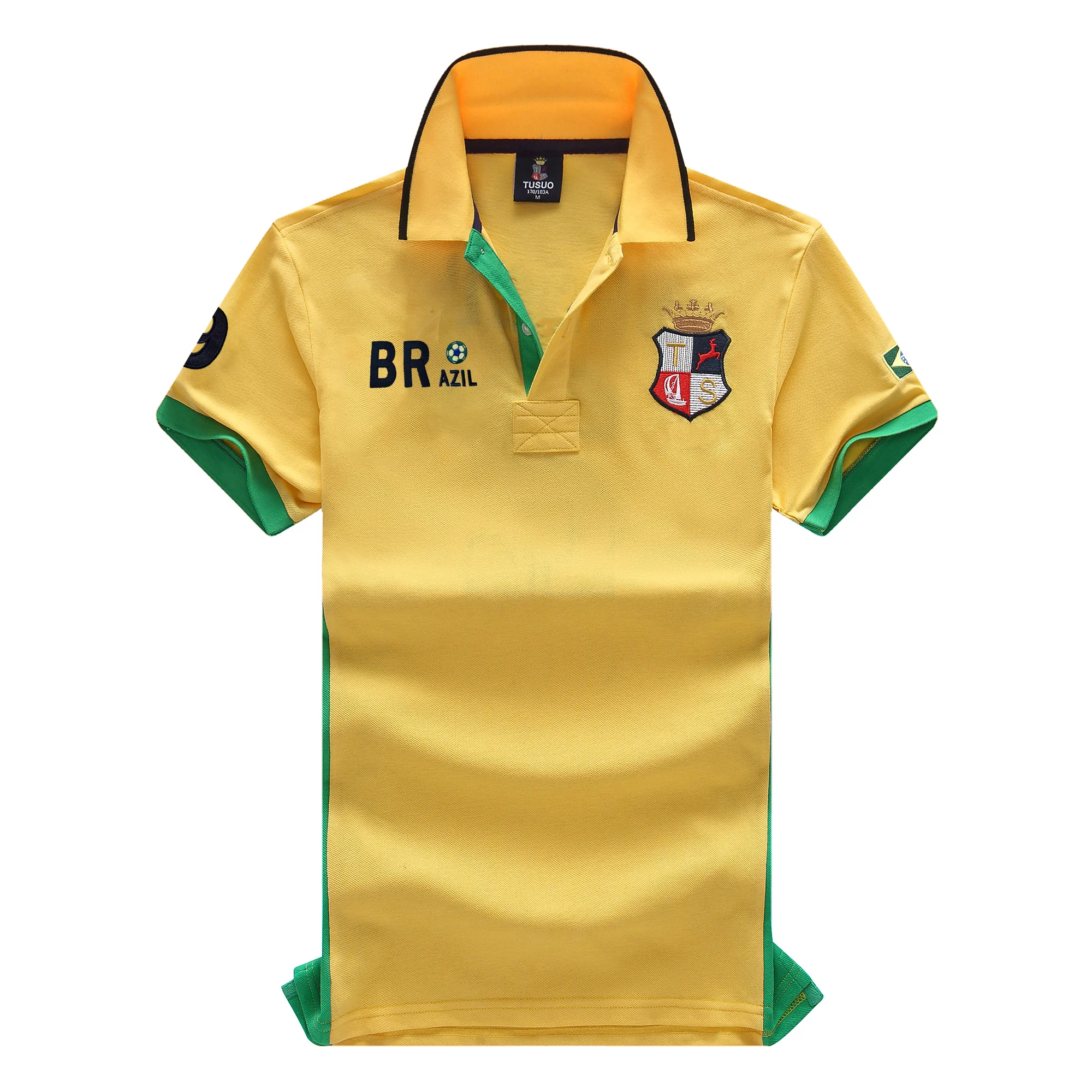 قميص بولو رجالي بأكمام قصيرة ملابس رياضية برازيلية كاجوال عصرية ومطابقة الألوان وياقة بولو مطرزة من القطن الخالص