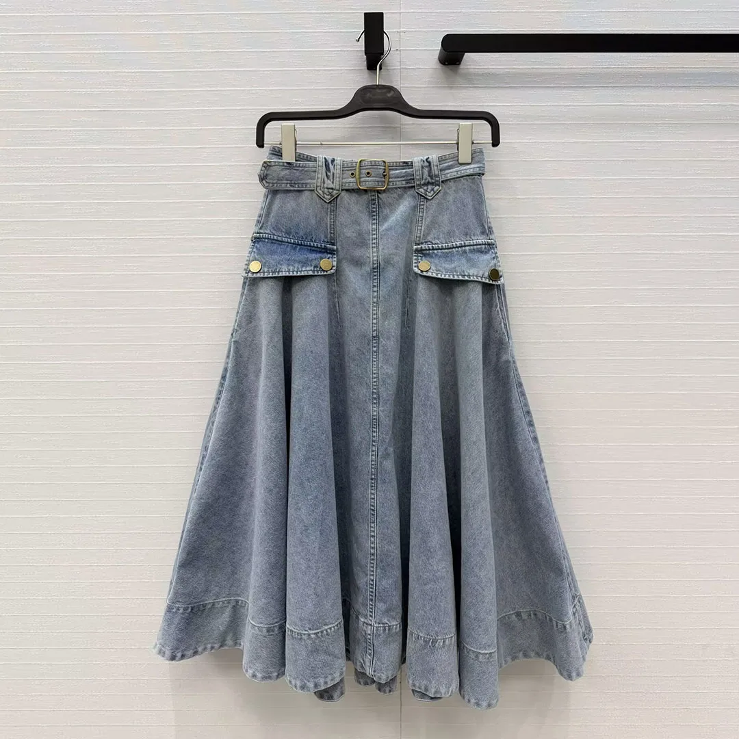 Vintage Preppy Style Blue Denim Skirts Womens High Waist Slim Belt Pockets Loose A-line All-matched Sweet Maxi Long Skirt