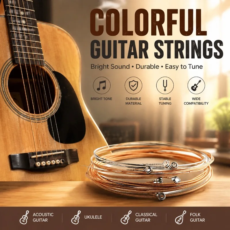 5/6pcs Colorful Acoustic Guitar Strings Steel Wire Set Folk Guitar Replacement Strings Copper Wound Musical Instrument Accessory