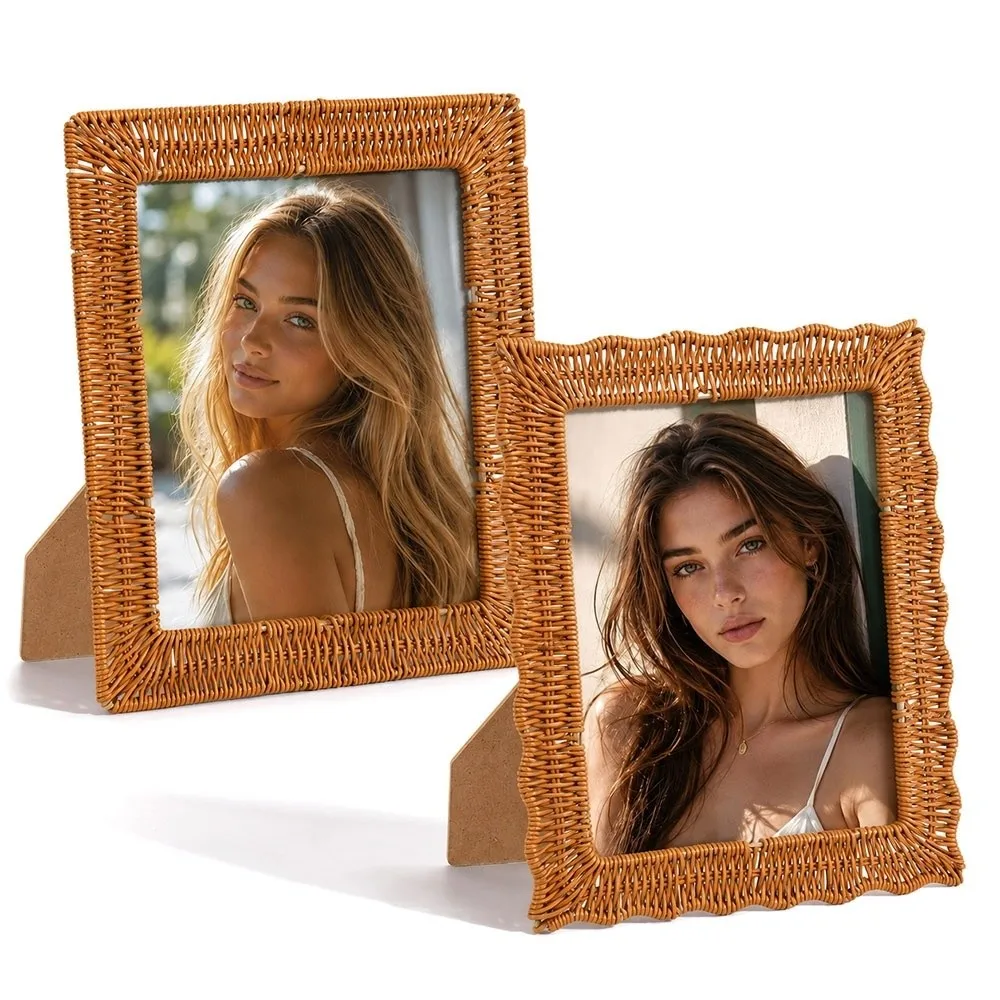 Boho Style Vintage Rattan Photo Frames PP Woven Handmade Picture Frame Rustic Charm 4x6 Inch Photo Frame Home Decoration