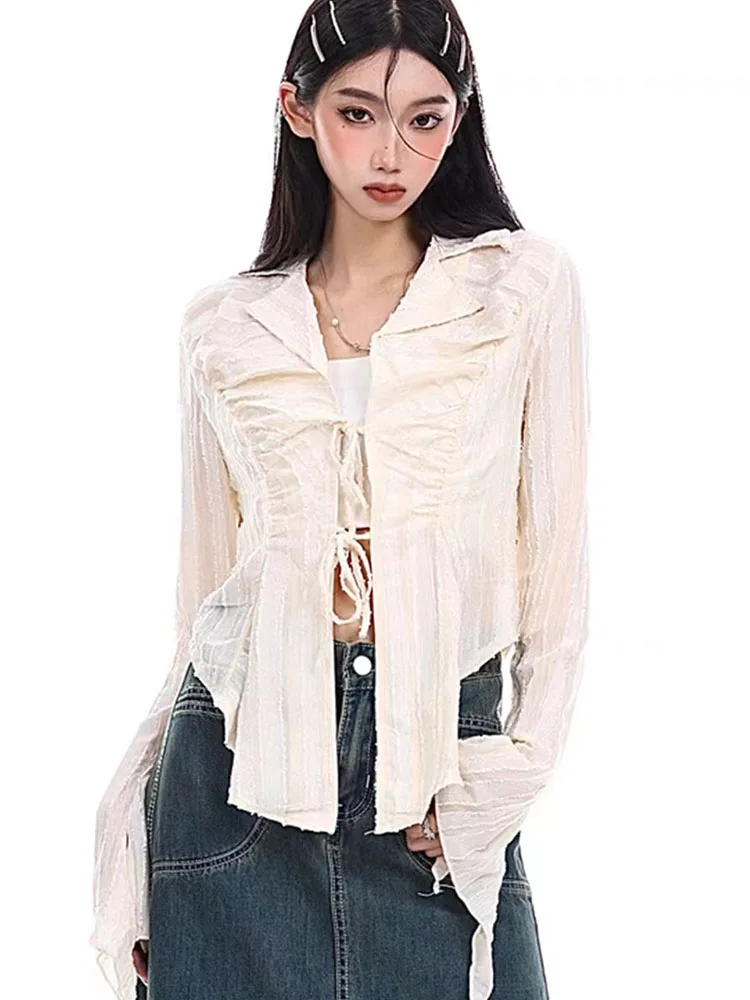 Tawaaiw Fairycore Blouse Women Clothes 2023 New Turn-down Collar Lace Up Women Shirt Long Sleeve Ladies Tops Korean Style Chic