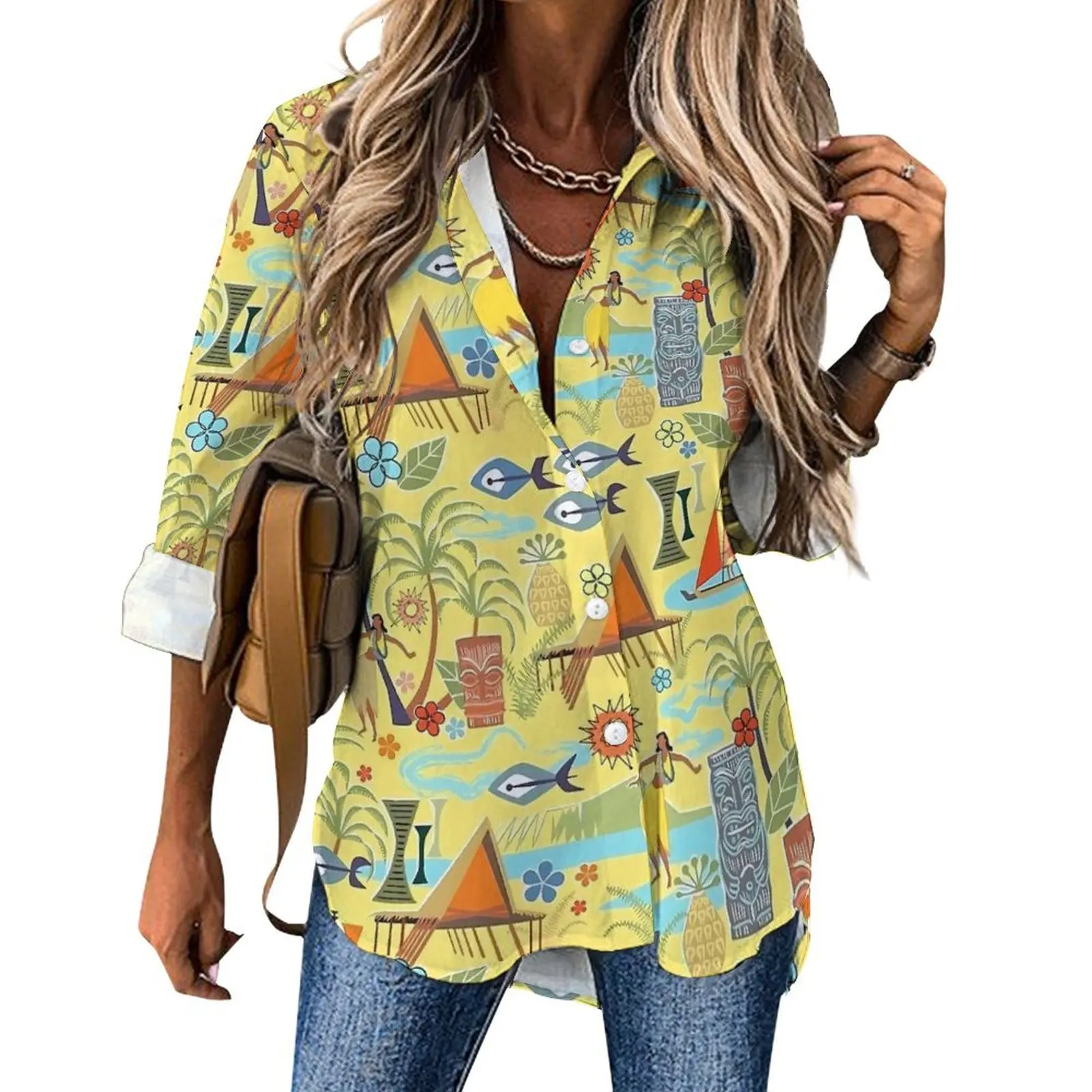 Mid Century Hawaiian Vacation with Tikis And Hula Girls Blouse  Trendy Casual Blouses Street Wear Shirt Summer Oversized Clothes