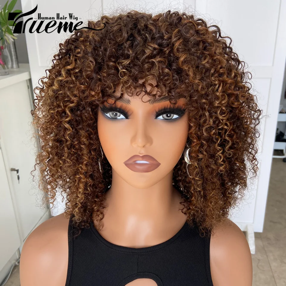 

Highlight Brown Big Afro Kinky Curly Human Hair Wigs 250D Short Kinky Curly Human Hair Wig With Bangs Culry Wear And Go Wig