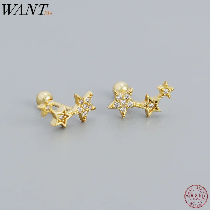 

WANTME 925 Sterling Silver Screw Beads Chic Gold Star Zircon Stud Earrings for Women Fashion Daily Teen Party Piercing Jewelry