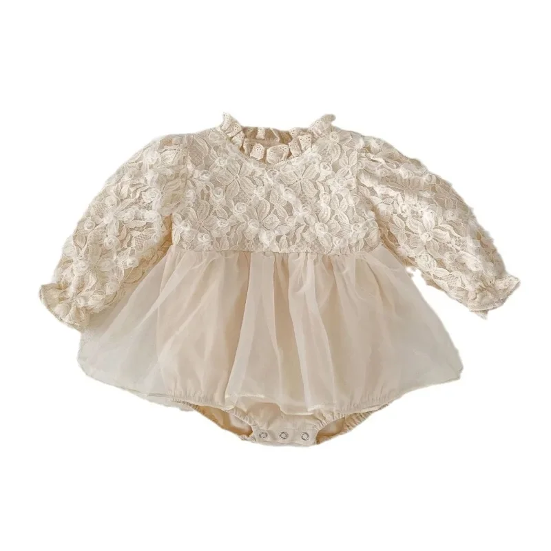 HoneyCherry Autumn Baby Girl Sweet Princess Bodysuit Three-dimensional Flowers Mesh Lace Collar Long-sleeved Skirt Bodysuit