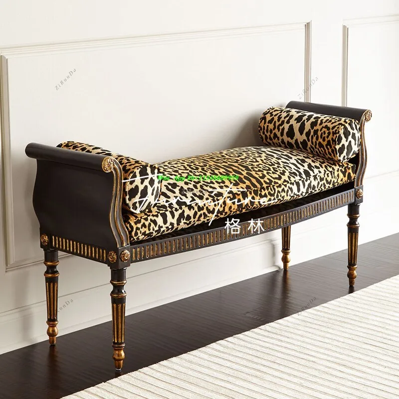 French Nordic Solid Wood Old Carved Bedside Stool Light Luxury Fabric Leopard Print Sofa Bench Shoe Changing Stool
