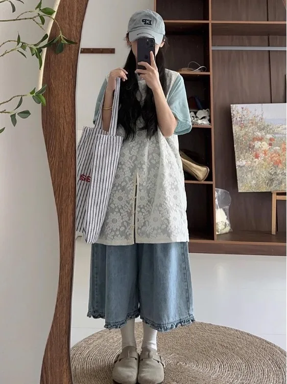 루즈 와이드 레그 팬츠 한국 스타일 여름 2025 플로럴 레이스 엣지 진 루즈핏 캐주얼 바지 여성용 내추럴 웨이스트