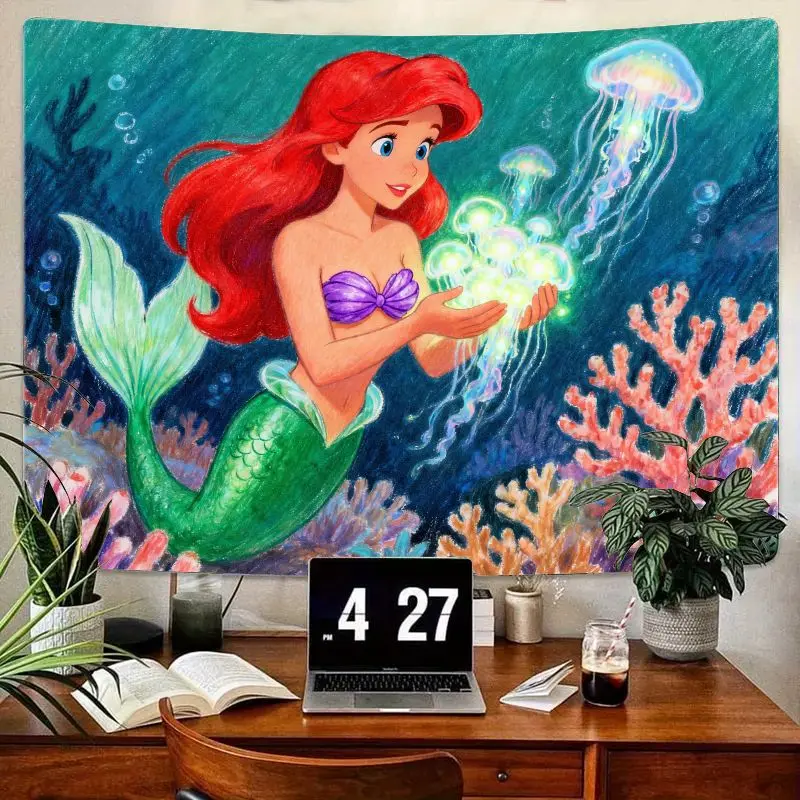 

Disney Ariel Little Mermaid Tapestry, Under Sea Fantasy Magical Glowing Jellyfish Polyester Wall Art for Bedroom Living Room Dec