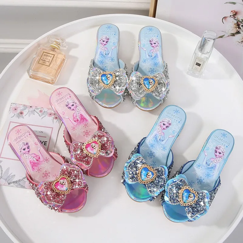 

Girls Summer Sandals fashion Slipper Sequined Princesse Children High Heel Party Dress Elsa Shoes Leather Slipper for Girl