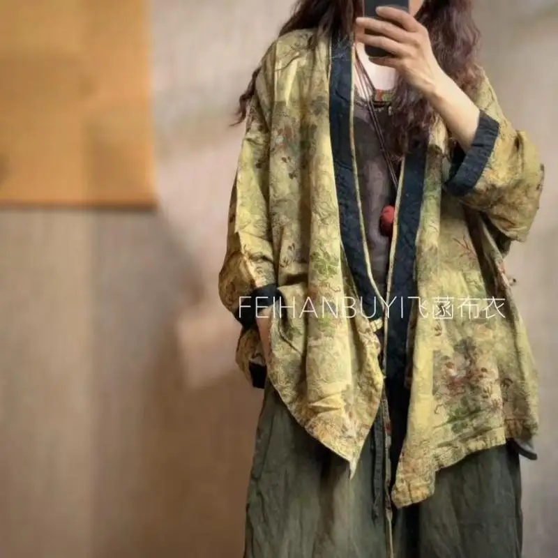 

Autumn Arts Style Women Long Sleeve Loose V-neck Jackets Vintage Print Cotton Linen Jacquard Single Button Coats High Quality
