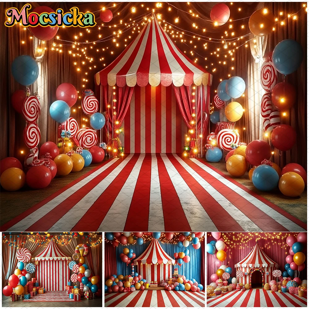 

Mocsicka Circus Photo Backdrops Birthday Party Red Striped Tent Balloons Candy Picture Decorations Photography Background Banner