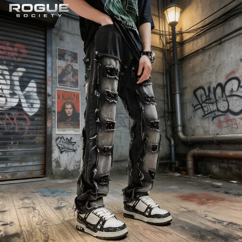 

High Street American Grunge Distressed Y2K Patchwork Jeans Men Slim Skinny Black Wash Streetwear Punk High Waist Casual Trousers