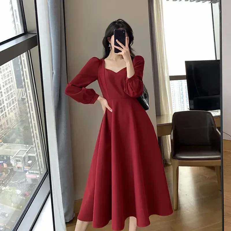 Black Dress Women's Autumn New Black Long Sleeve Dress Hepburn Style V-neck Ankle-length Retro Korean Style Long Black Dress