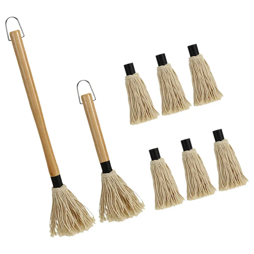 BBQ Basting Mop Set Cotton Sauce Brushes with Wood Handles for Grilling Roasting Baking Reusable Washable