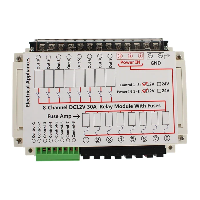 8-Channel DC 12V 30A Relay Module With Fuses And Removable Terminal Block Connector For Camper Part