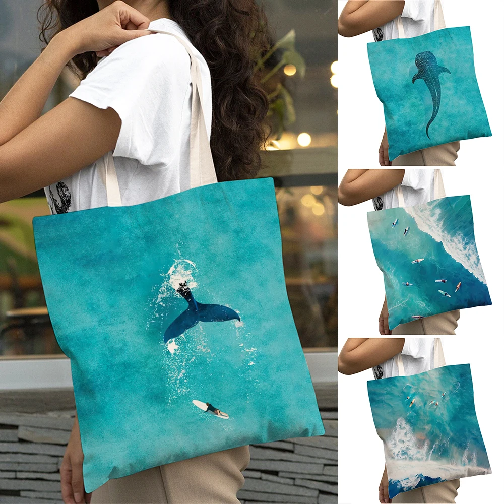 

Casual Ocean Animal Lady Shopping Bags Women Shopper Bag Marine Organism Whale Manta Rays Girl Shoulder Tote Handbag 40x45cm