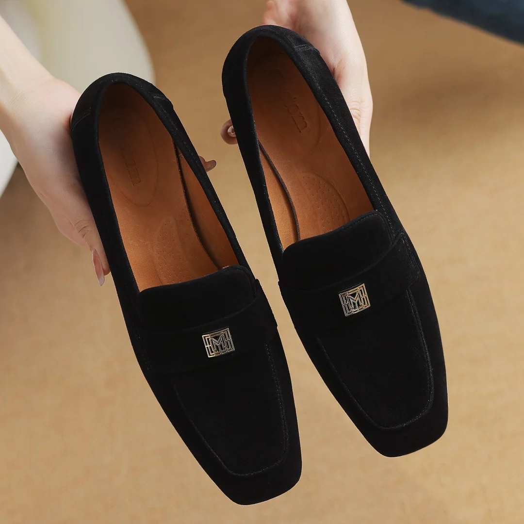 2024 Spring new women's natural suede leather square toe slip-on flats loafers high quality soft comfortable female moccasins 42