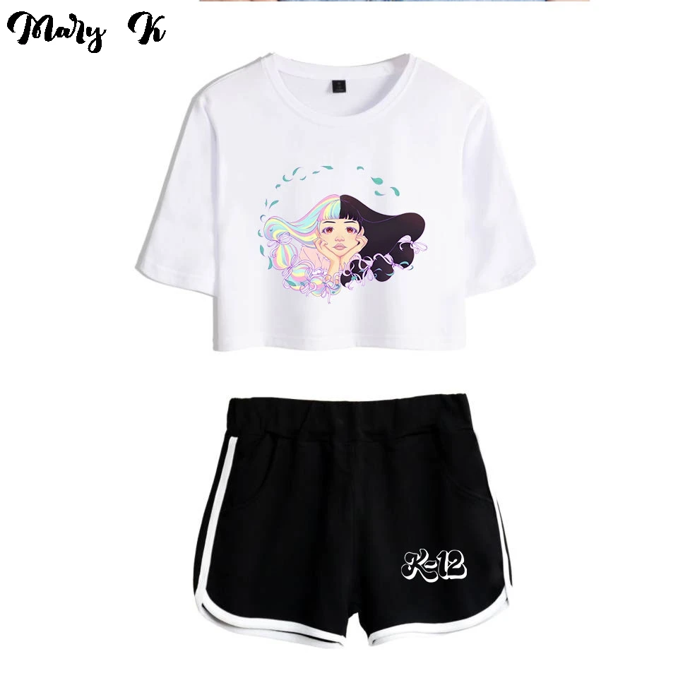 Fashion Youthful Print Melanie Martinez K-12 Short Sleeve Sexy Shorts+lovely T-shirts Dew navel Girl suits Two Piece Set