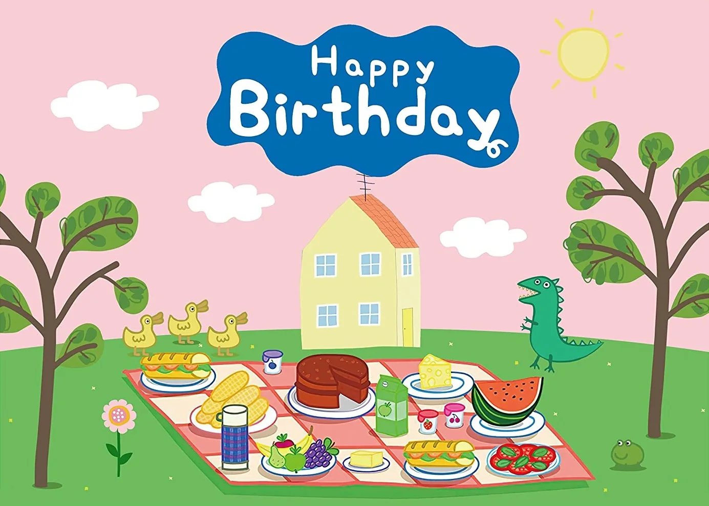Primavera 1 ° compleanno Kid Background Baby Shower Tree Balloon Blue Banner Pig House sfondo Photozone Photography Vinyl