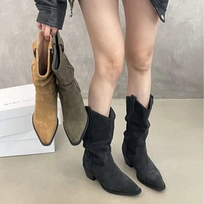 

Simple Pointed Boots Women's New British Style Retro Pleated Piled Knight Slip-on Ins Hot