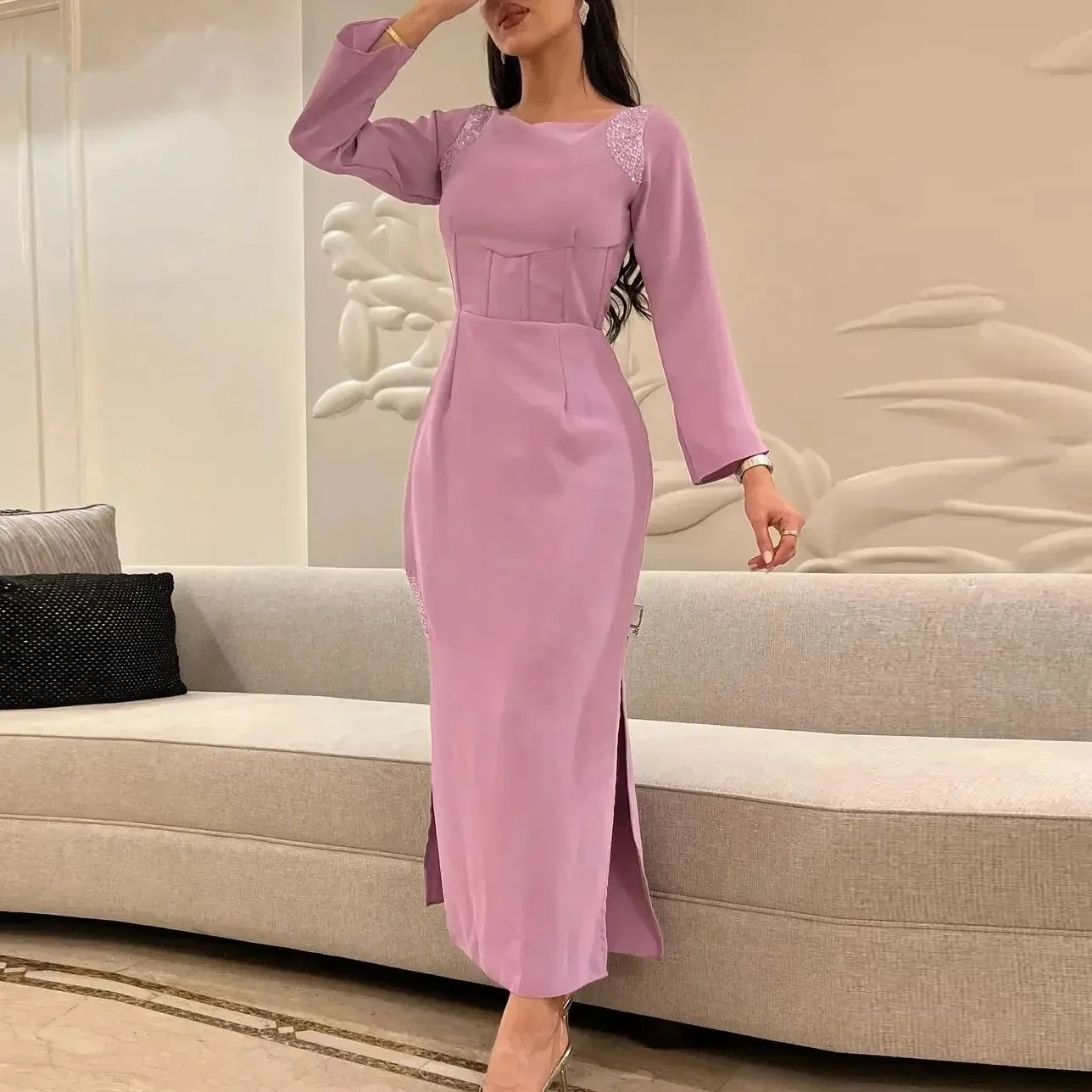 

Flora Dress Elegant Pink O-Neck Mermaid Prom Dresses Long Sleeves Party Evening Gowns Side Slit For Women 2023 فساتين السهرة