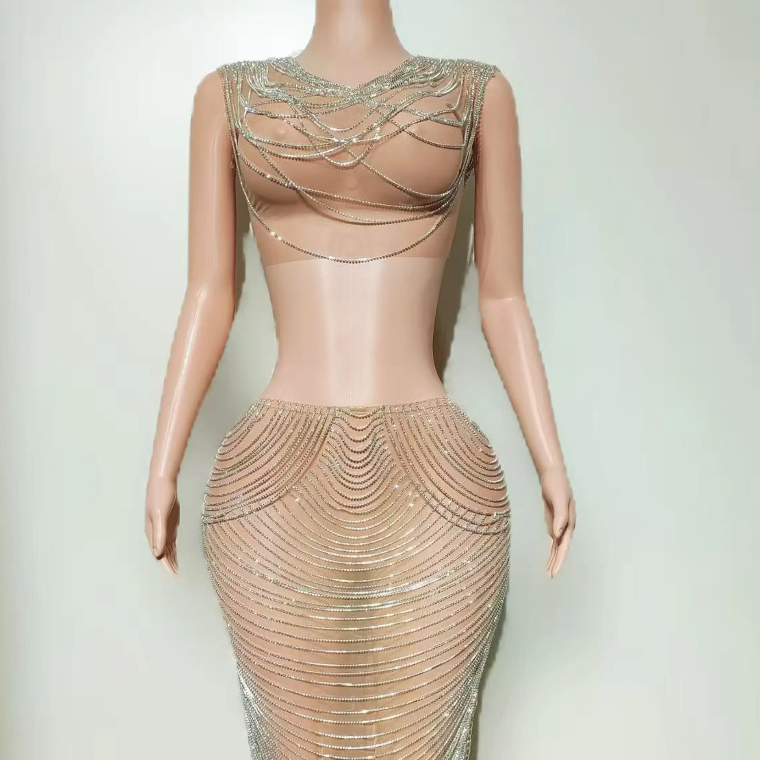 2025 Sexy Stage Costumes Perspective Mesh Chain Dress Nightclub Bar Dj Performance Singer Gogo Dancers Festival Clothes DN20819