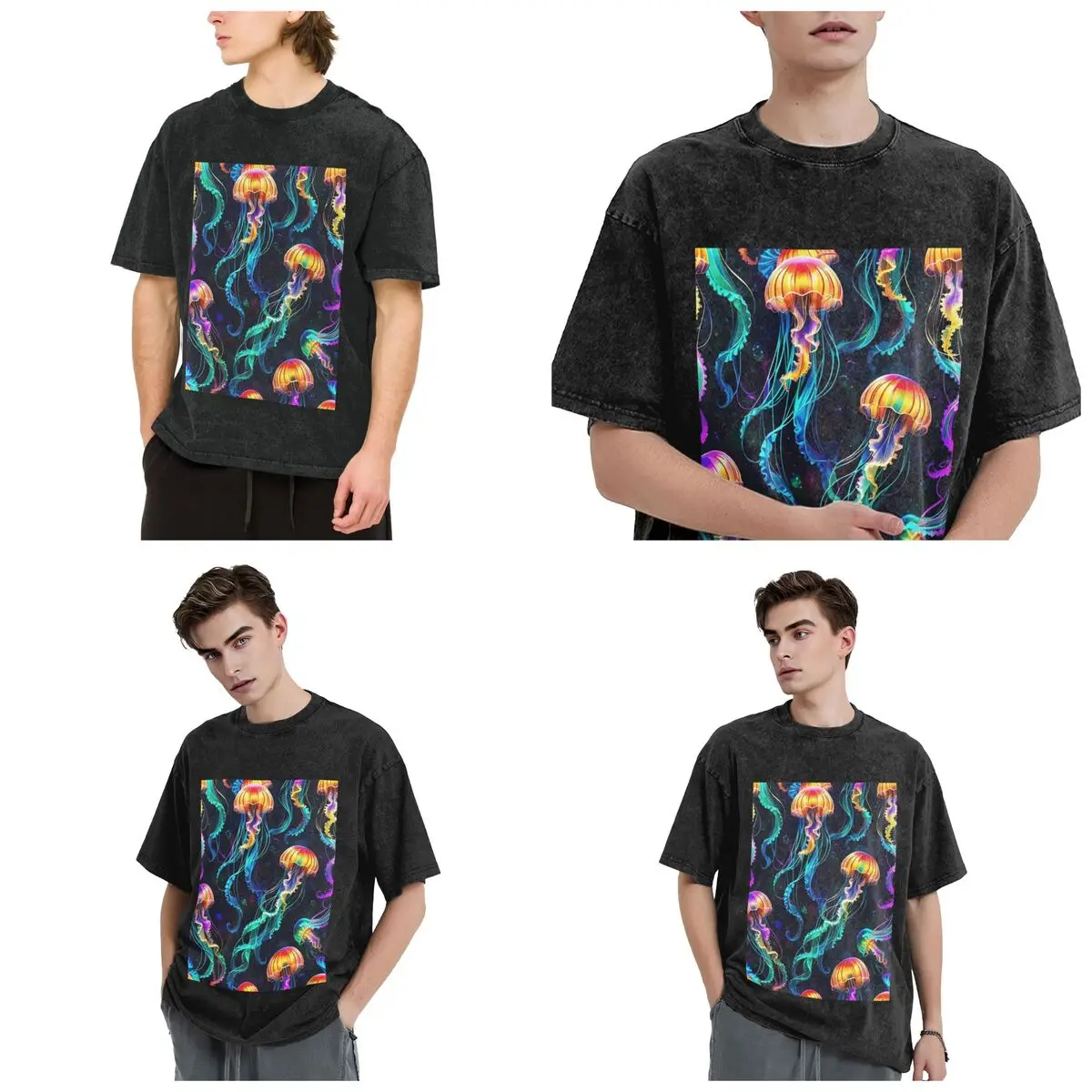 Psychedelic Bioluminescent Trippy Jellyfish Hip Hop Short Sleeve T-Shirts Washed Tops Tees Streetwear T Shirt Vintage Men Women