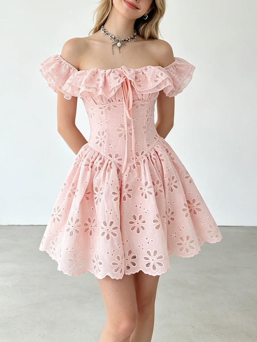 TWOTWINSTYLE Embroidery Solid Sweet Dresses for Women Square Flying Sleeve High Waist Slimming A Line Mini Dress Female Fashion - view 3