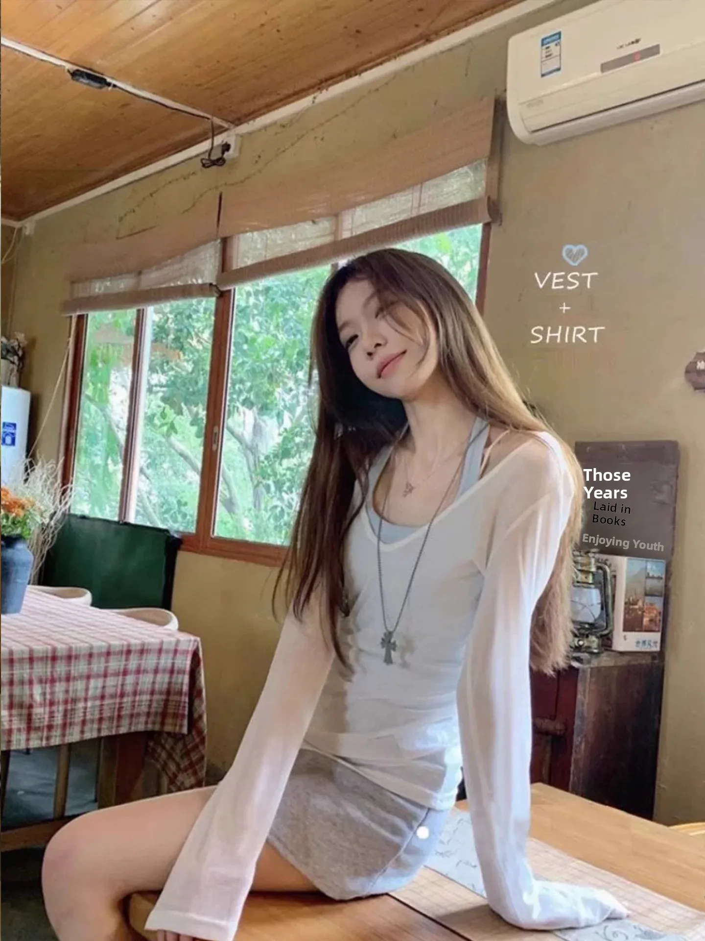 Mint Green Mesh Shirt V-Neck Lazy Style Women's Summer Top Sunscreen T-Shirt Breathable Long Sleeve Crew Neck Pullover