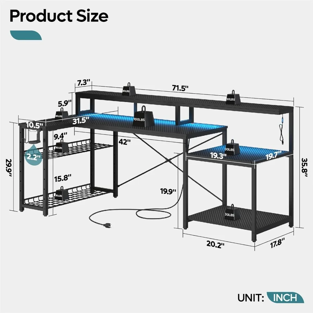 Bestier Gaming Desk with Power Outlets, 71.5 LED Computer Desk with Long Monitor Stand, Large L Shaped Corner Desk