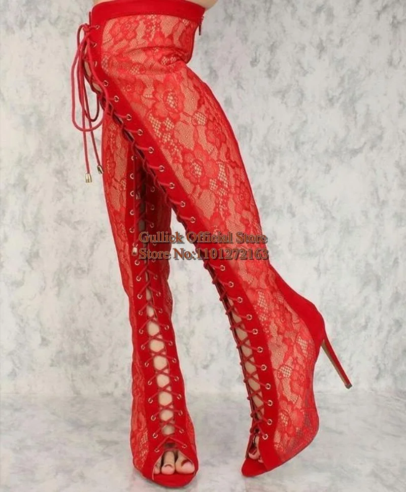 Modern Open Toe Red Lace Knee High Boots Lace Up High Heels Women Tall Boots Spring Autumn Footwear