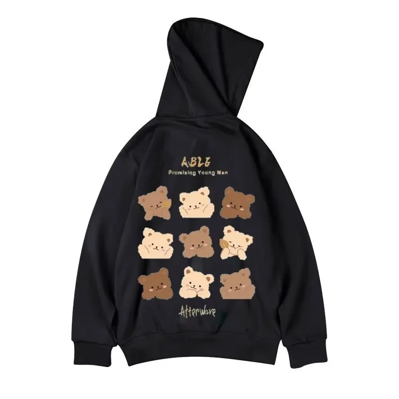 M-8XL American Style Street Brown Cute Bear Print Oversized Hoodie Couple Hoodie Student\'s Large Soft Velvet Hooded Sweater