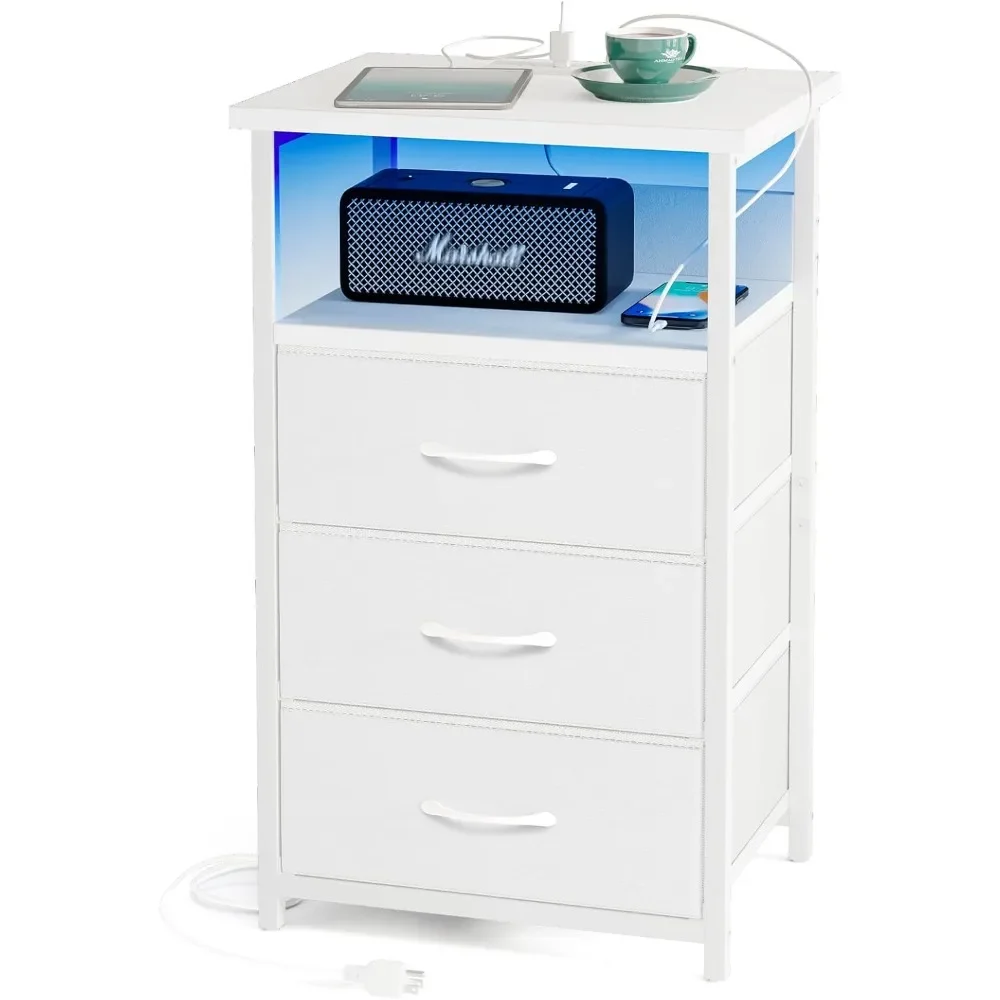 

Night Stand with Charging Station, LED Nightstand with USB Ports and Outlets, 3 Fabric Storage Drawers with PU Finish