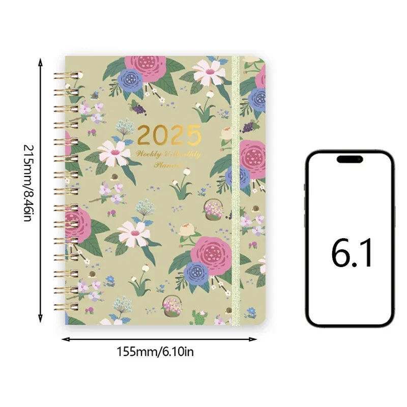 2025 Plan Calendar Diary Coil Notebook A5 Weekly Notebook Planners Budget Planner Flower Pattern 140 Pages Book (2025.1-2025.12)