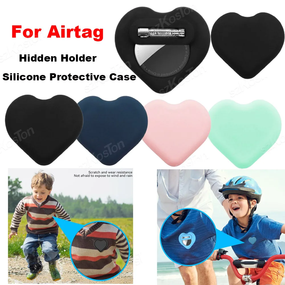 1PC Heart-shaped Silicone Protective Cover for Airtag Hidden Holder with Safety Pin Anti-Lost GPS Case for Kids Elderly Clothing
