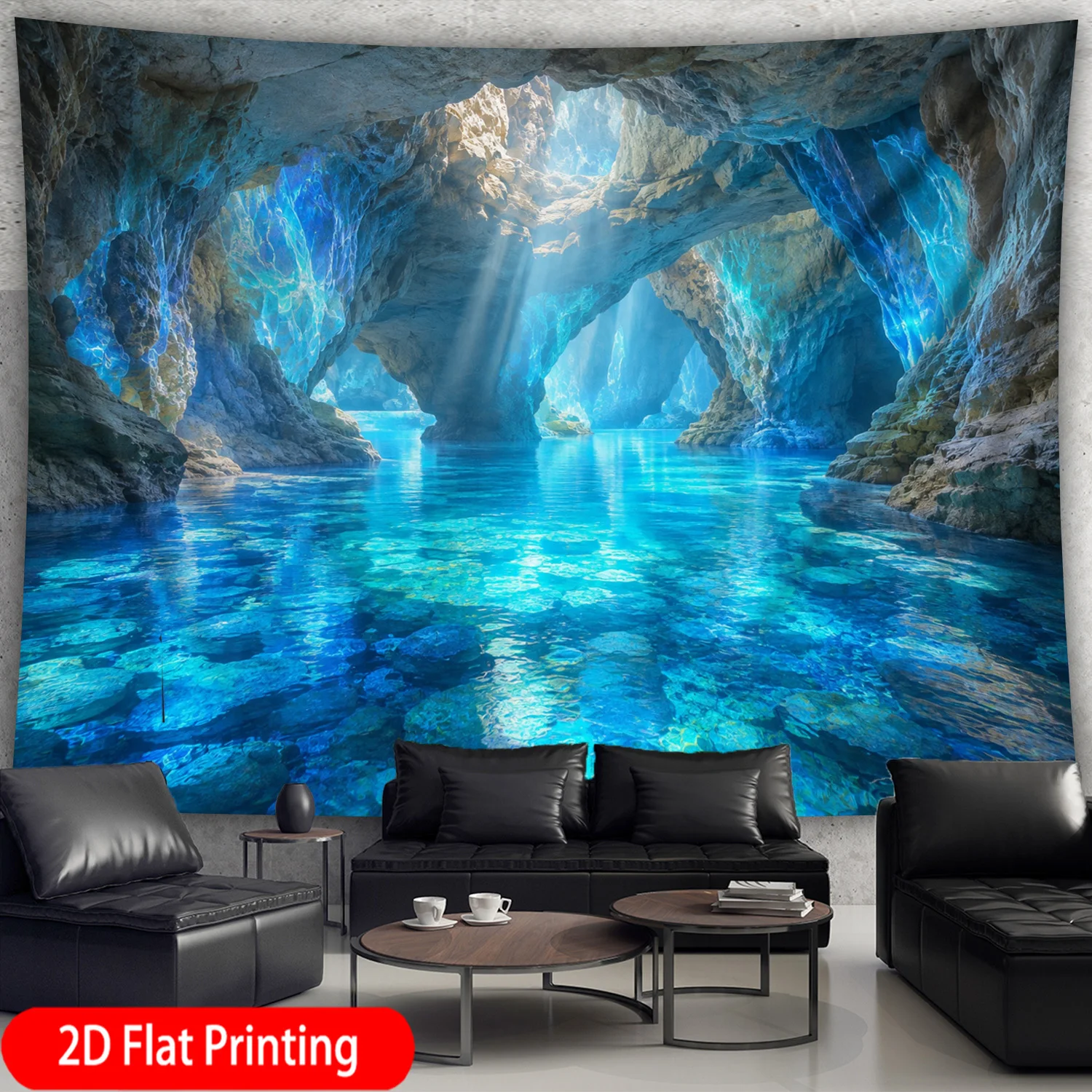 Blue Sea Cave Tapestry, Sun Ray Seawater Cave Clear Blue Water Rock Cavern Wall Tapestry, Decor for Bedroom & Living Room