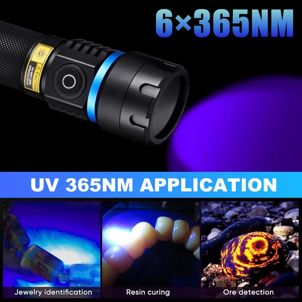 6LED UV Flashlight 365nm 120W High Power Ultraviolet Black Mirror Purple Light Pet Urine Tinea Ore Ink Dryer Fluorescer Detector