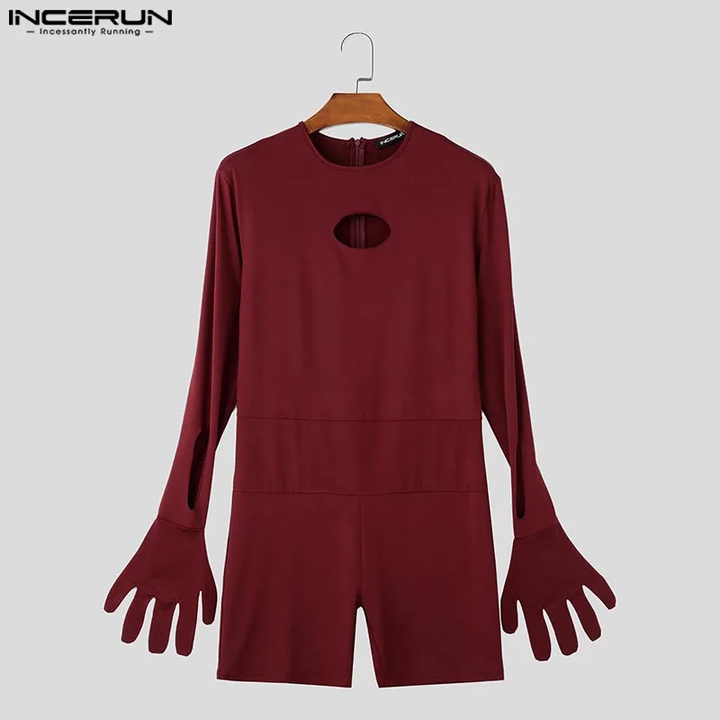 Men Well Fitting Solid Color Bodysuits INCERUN Casual O-neck Hollow Out Onesies American Fashion Comfortable Homewear Loungewear