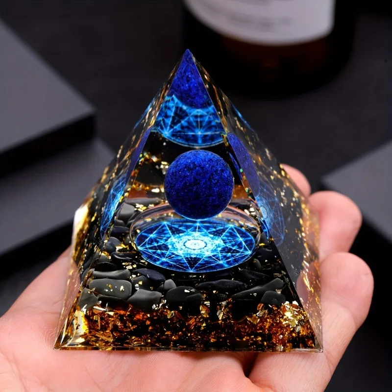 Elegant Home Decor Lapis Lazuli Ball And Pyramid Crystal Bright Blue Geometric Design with Golden Black Base