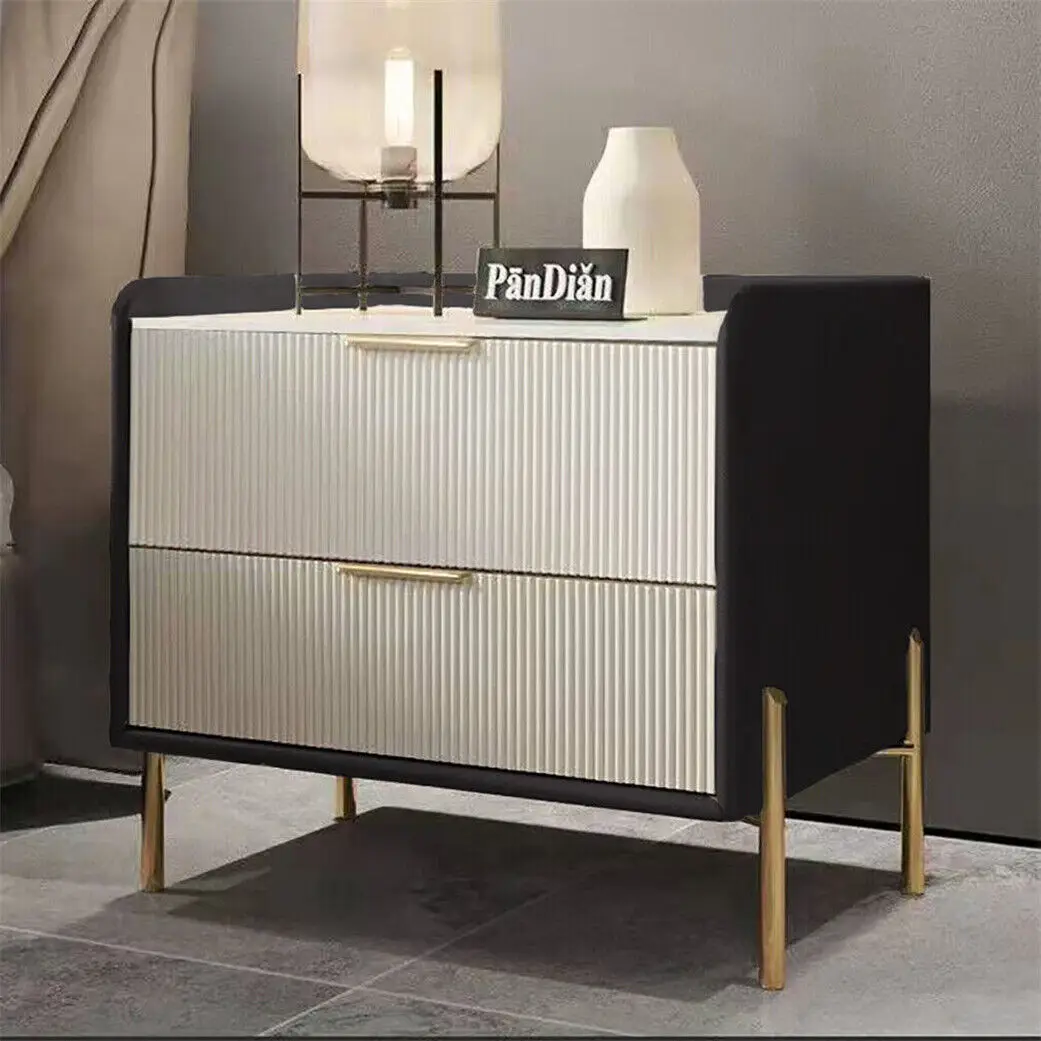 Marble Nightstand with 2 Drawers Storage, Gold Metal Leg, Bedside Table, Sofa End Side Table